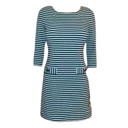 Striped dress with a belt on a white background