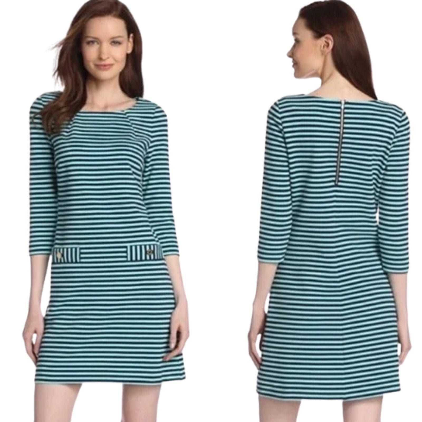 Woman wearing a green and white striped dress, shown from front and back views.