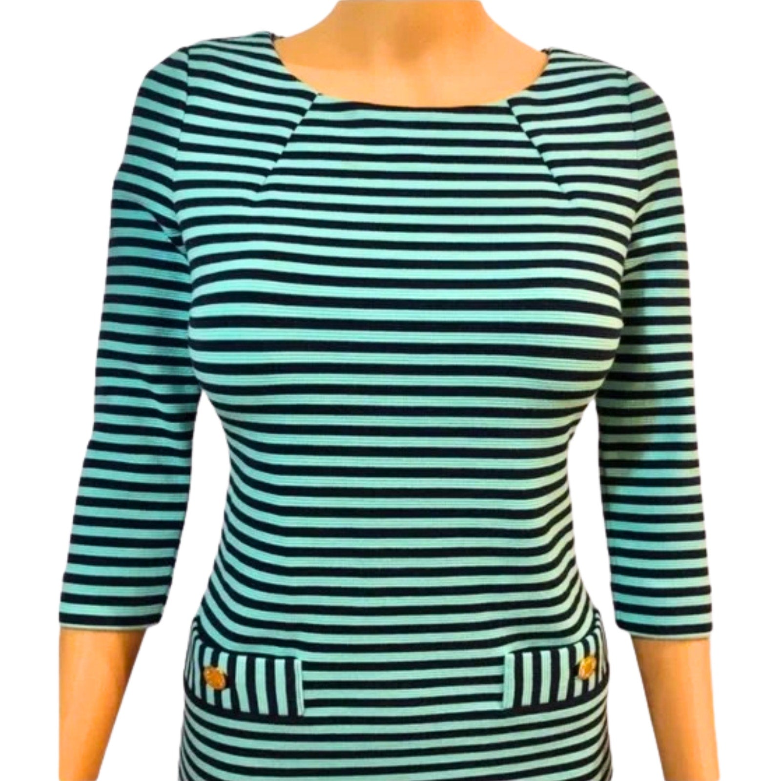 Mannequin wearing a green and black striped shirt with a pocket on a white background