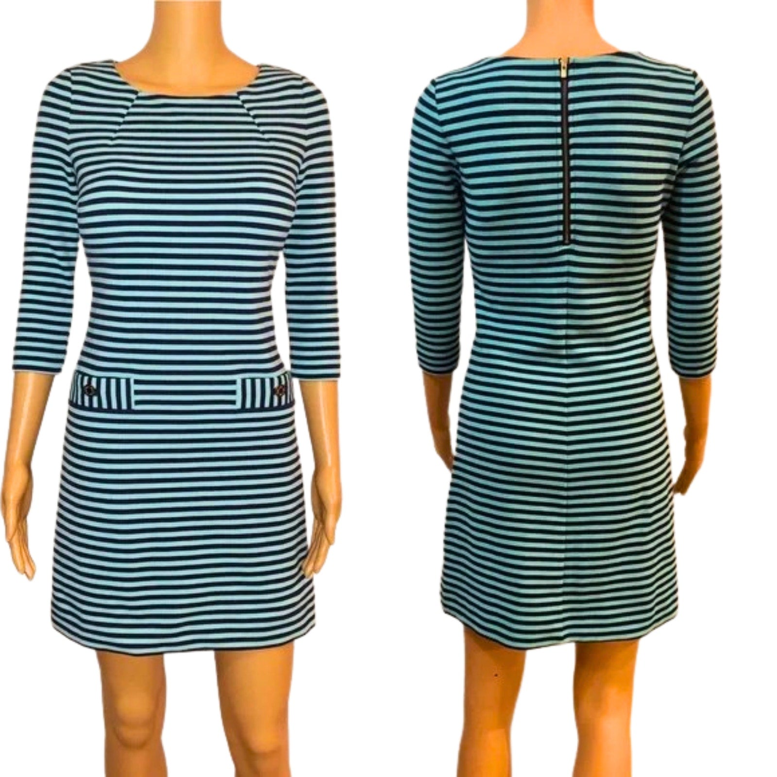 Striped dress shown from front and back on a mannequin against a white background