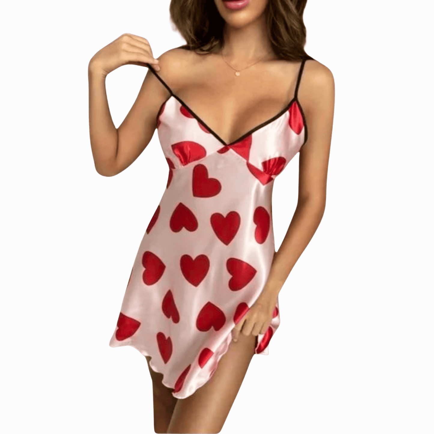 Woman wearing a satin nightgown with red heart patterns on a brown background