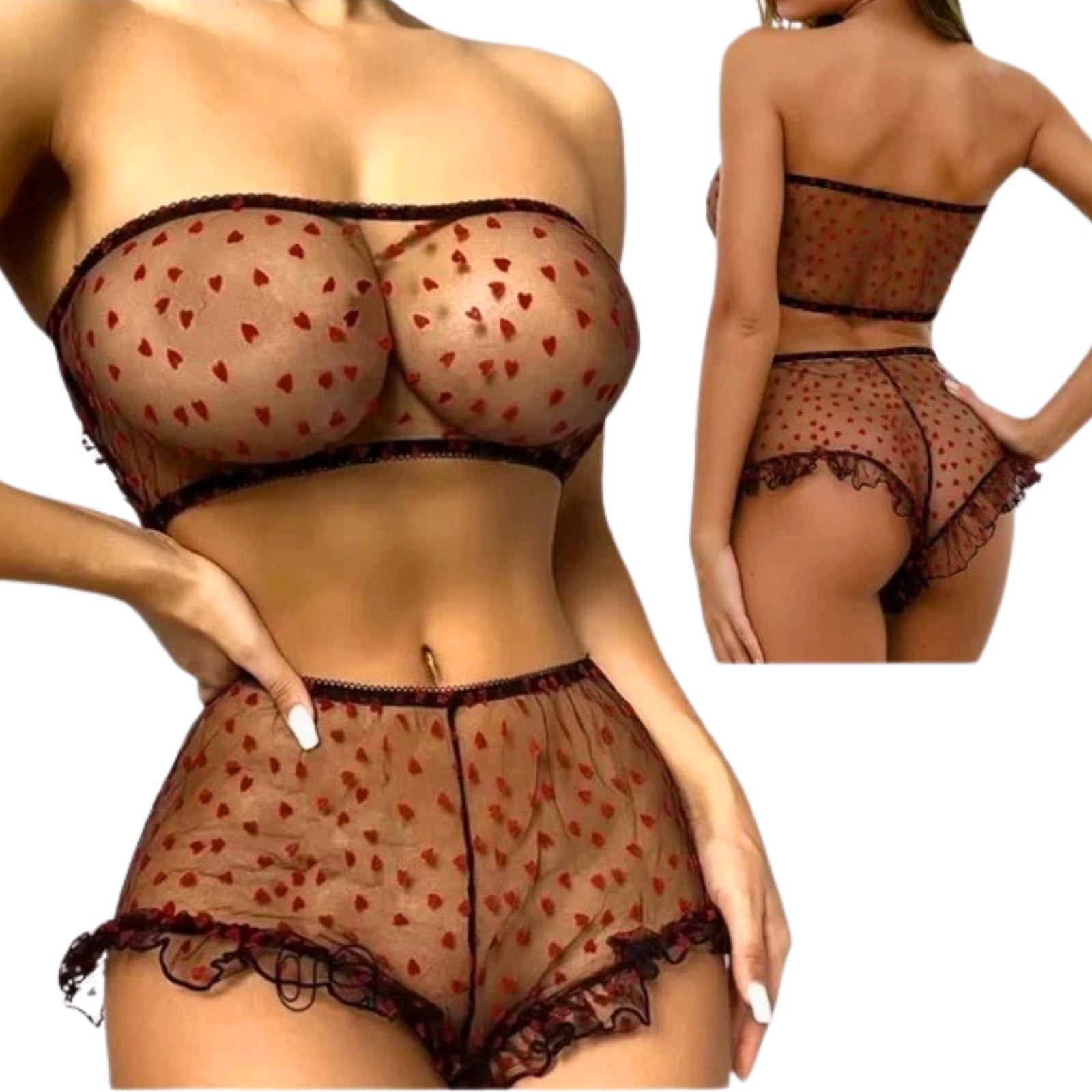 Sheer lingerie set with red heart patterns on a white background