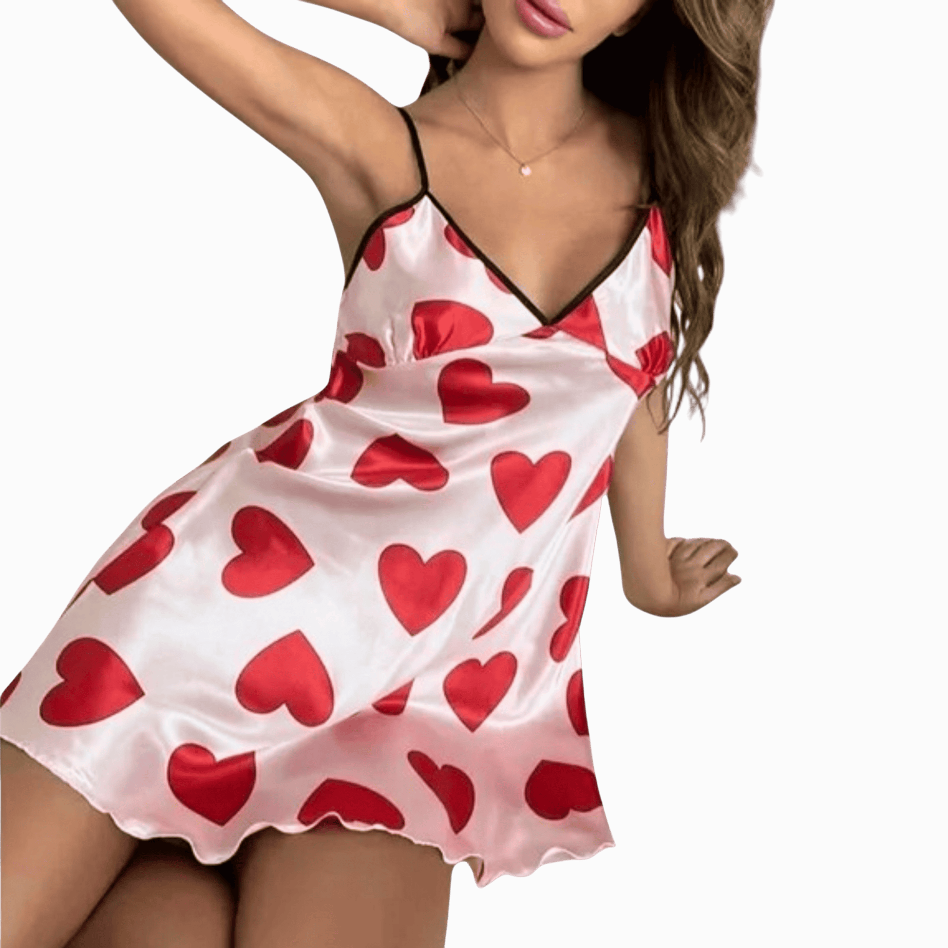 White satin nightgown with red heart patterns on a model against a dark background