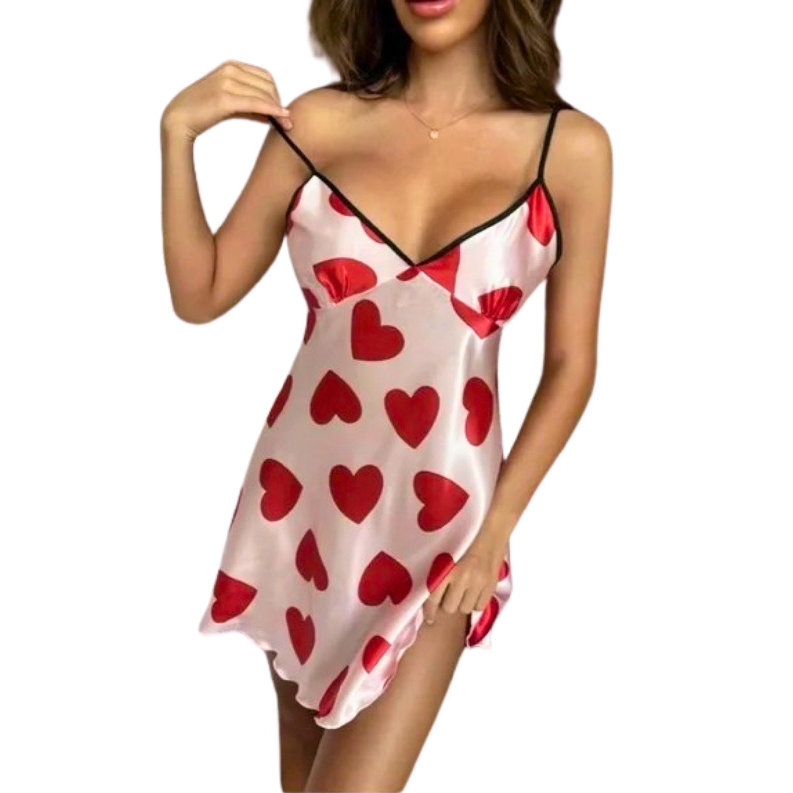 Silky nightgown with red heart patterns on a white background