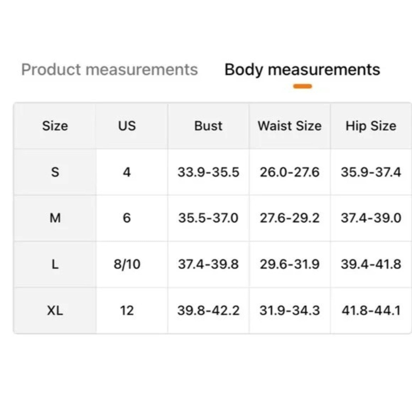 Table displaying body measurements for different sizes with US size, bust, waist, and hip measurements.