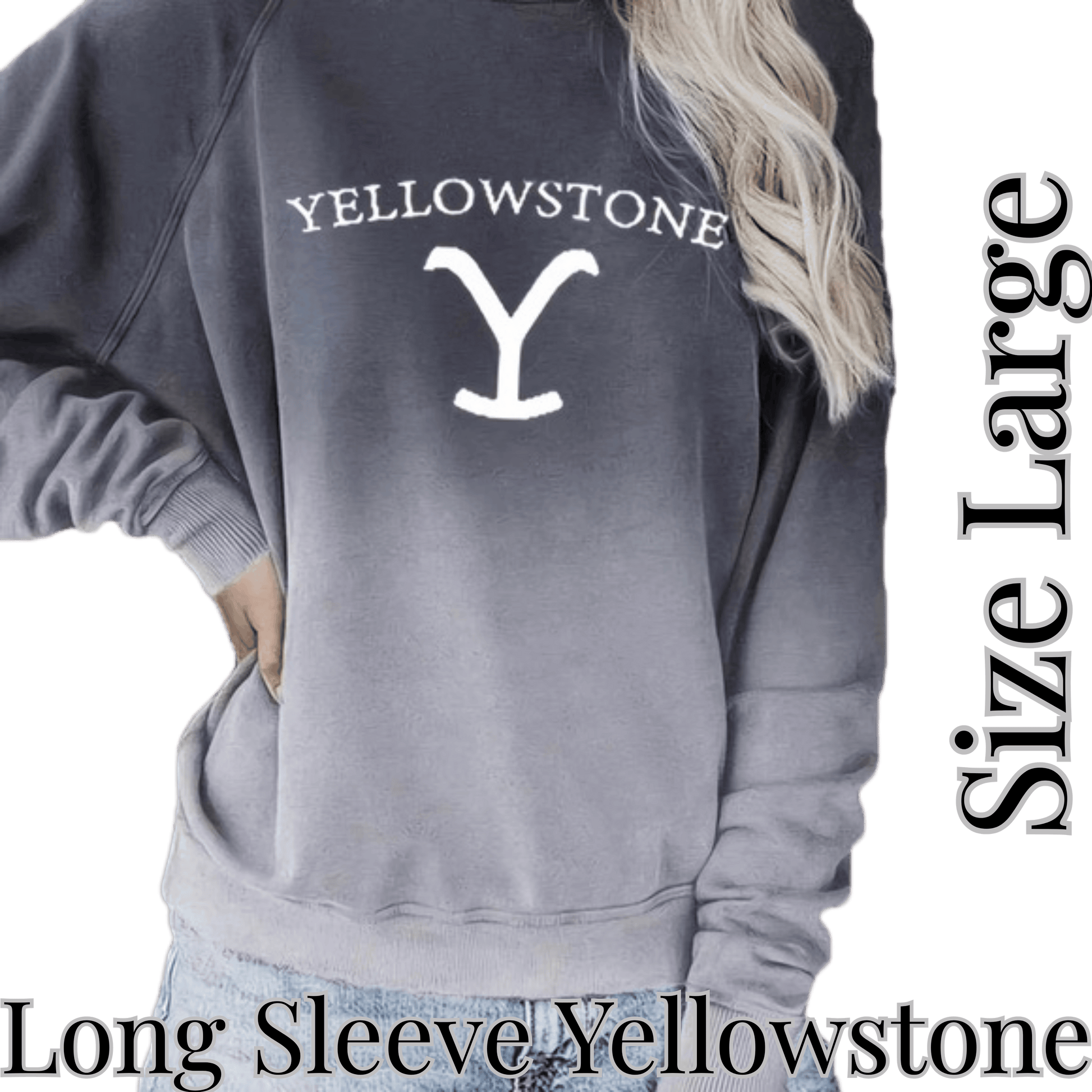 Gray sweatshirt with 'Yellowstone' logo and text on a green background
