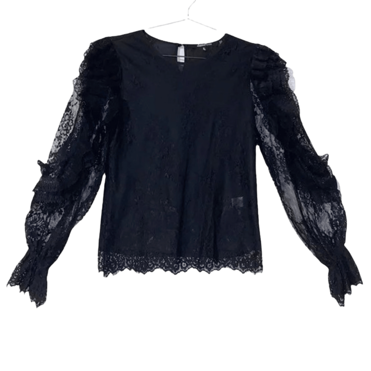 Black blouse with lace sleeves on a hanger against a white background