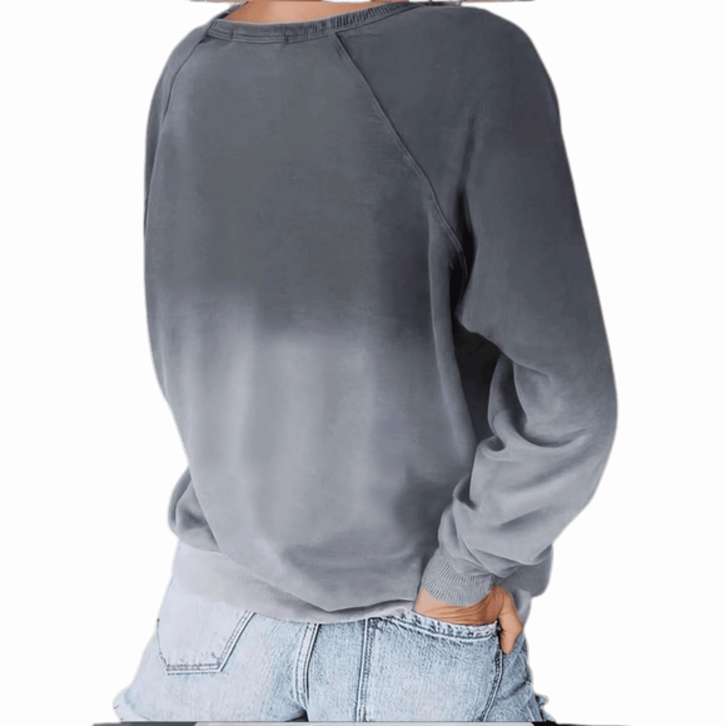 Gray sweatshirt worn by a person on a transparent background