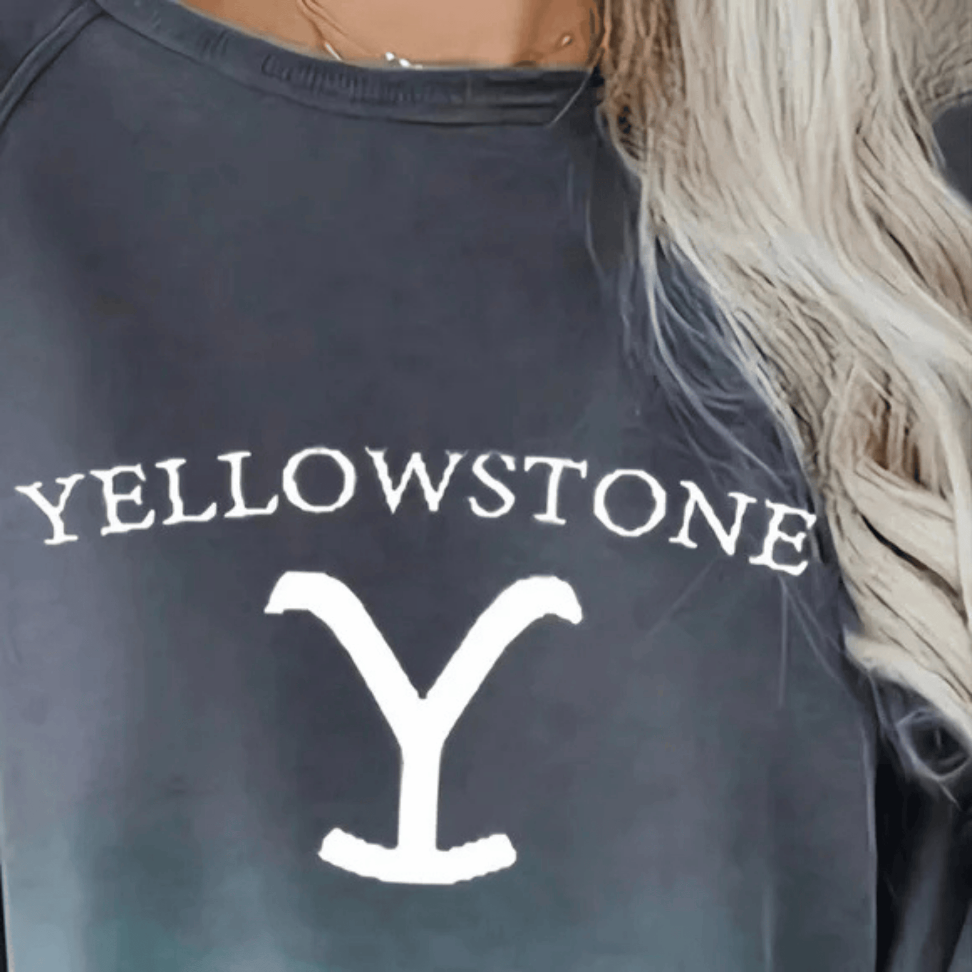 Navy blue shirt with 'YELLOWSTONE Y' printed on it