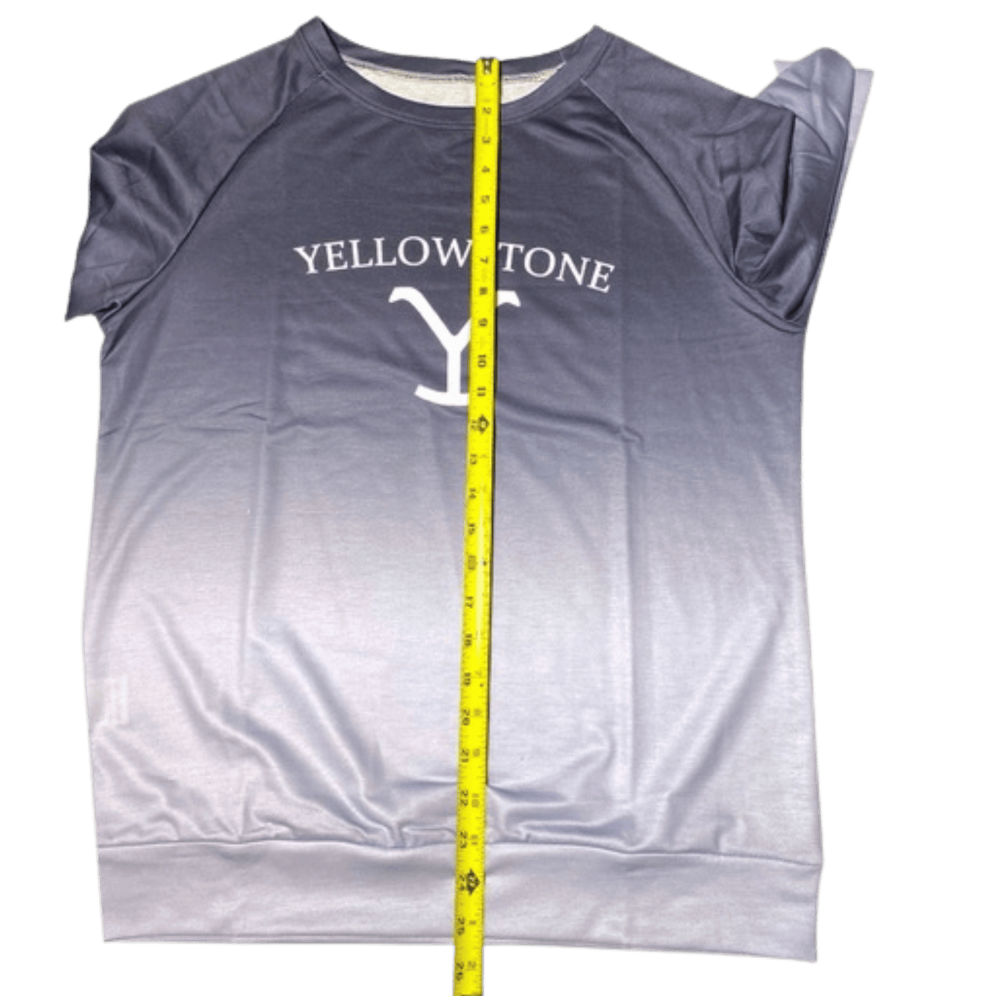 Gray sleeveless shirt with 'Yellowstone' logo and measurement tape on a white background