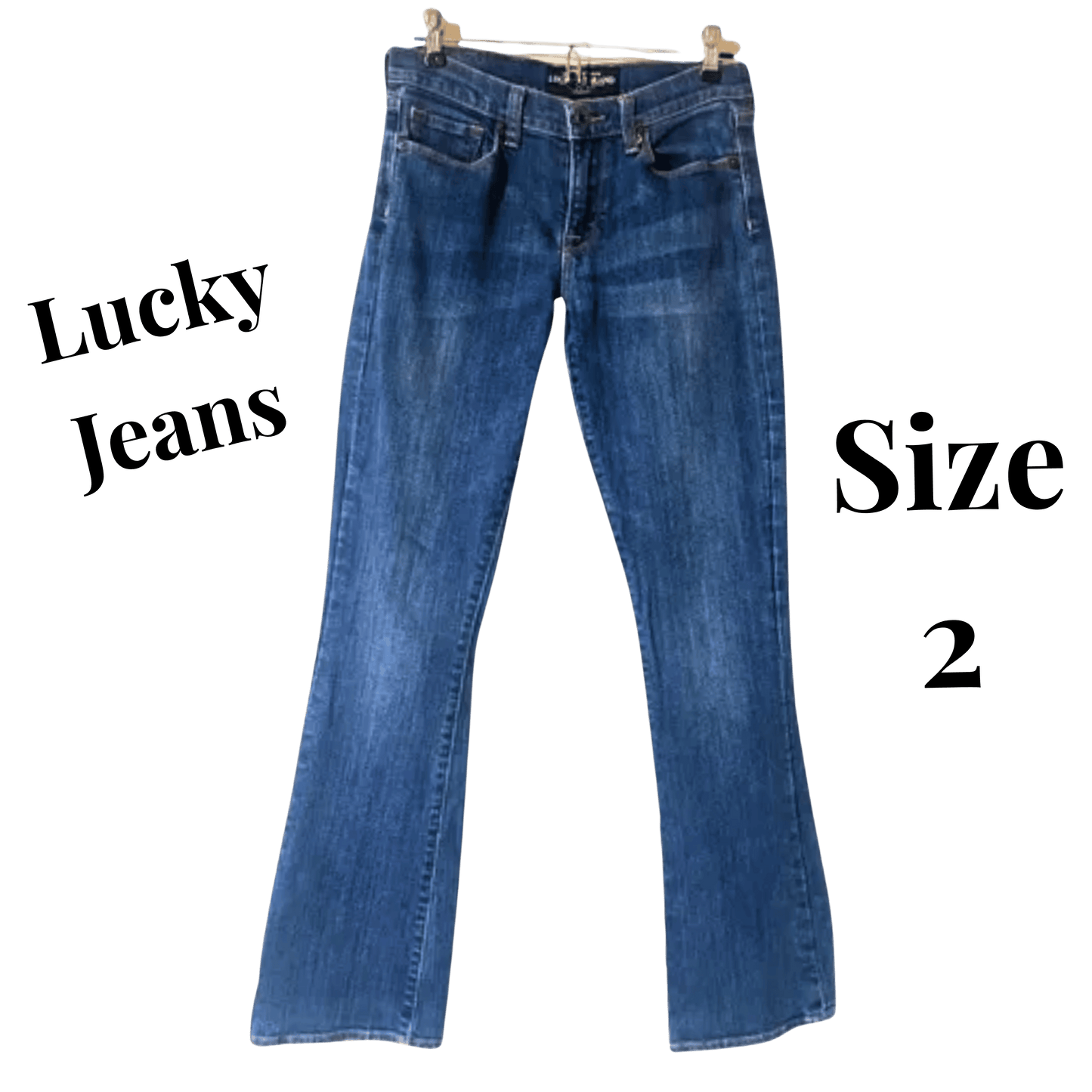 Blue jeans on a hanger with 'Lucky Jeans' and 'Size 2' text.