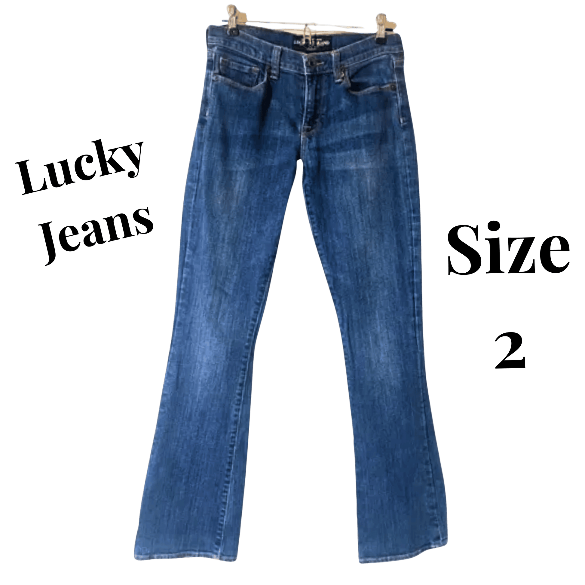 Blue jeans on a hanger with 'Lucky Jeans' and 'Size 2' text.