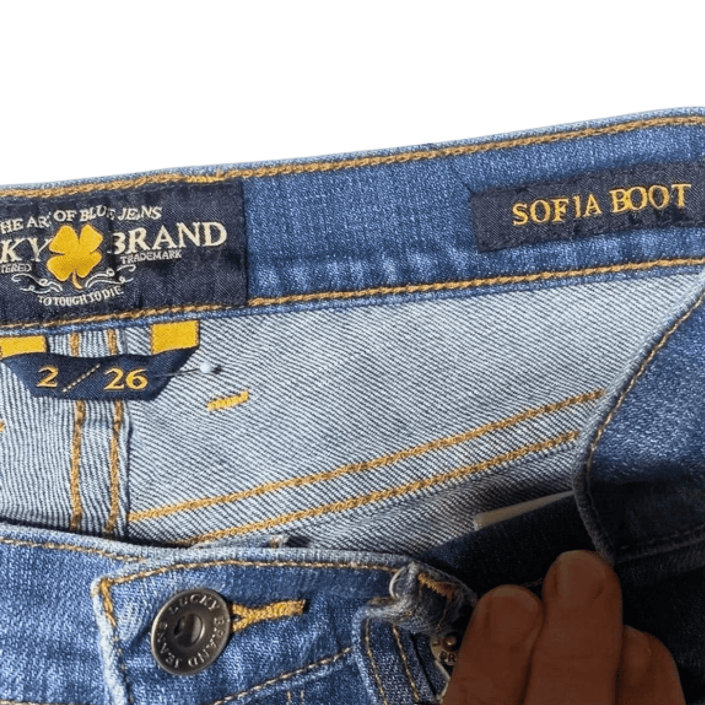 Close-up of blue jeans with brand labels and a button.