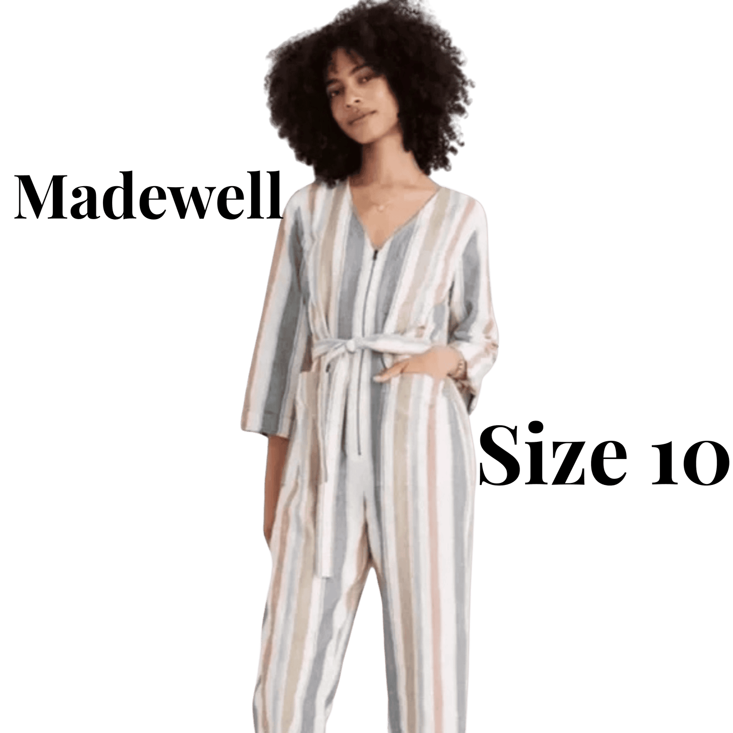 Woman wearing a striped jumpsuit with 'Madewell' branding and size '10' text on a green background.