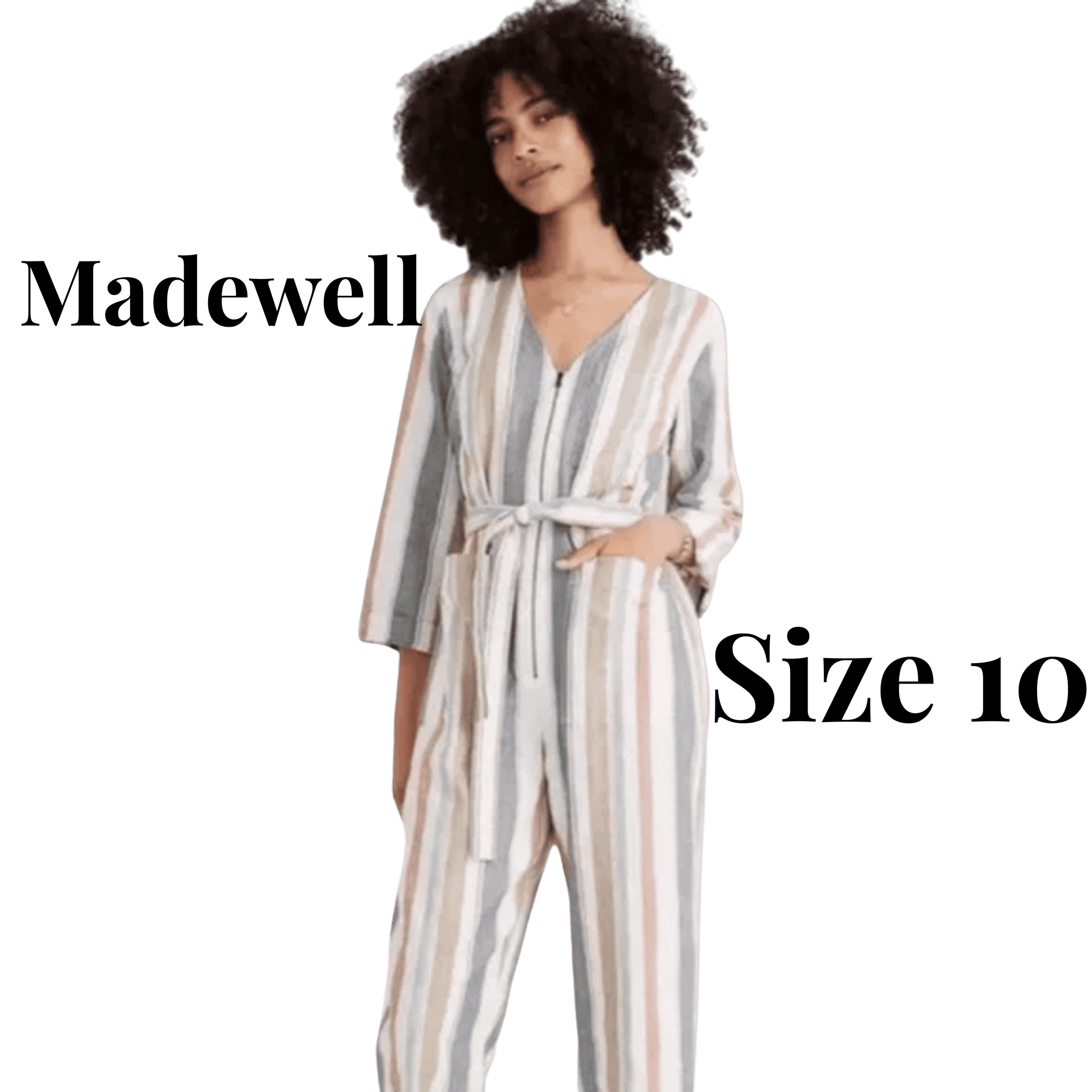Woman wearing a striped jumpsuit with 'Madewell' branding and size '10' text on a green background.