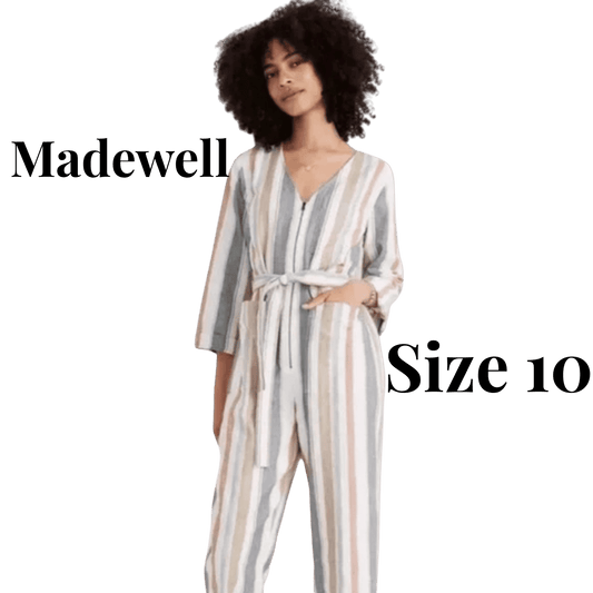 Woman wearing a striped jumpsuit with 'Madewell' branding and size '10' text on a green background.