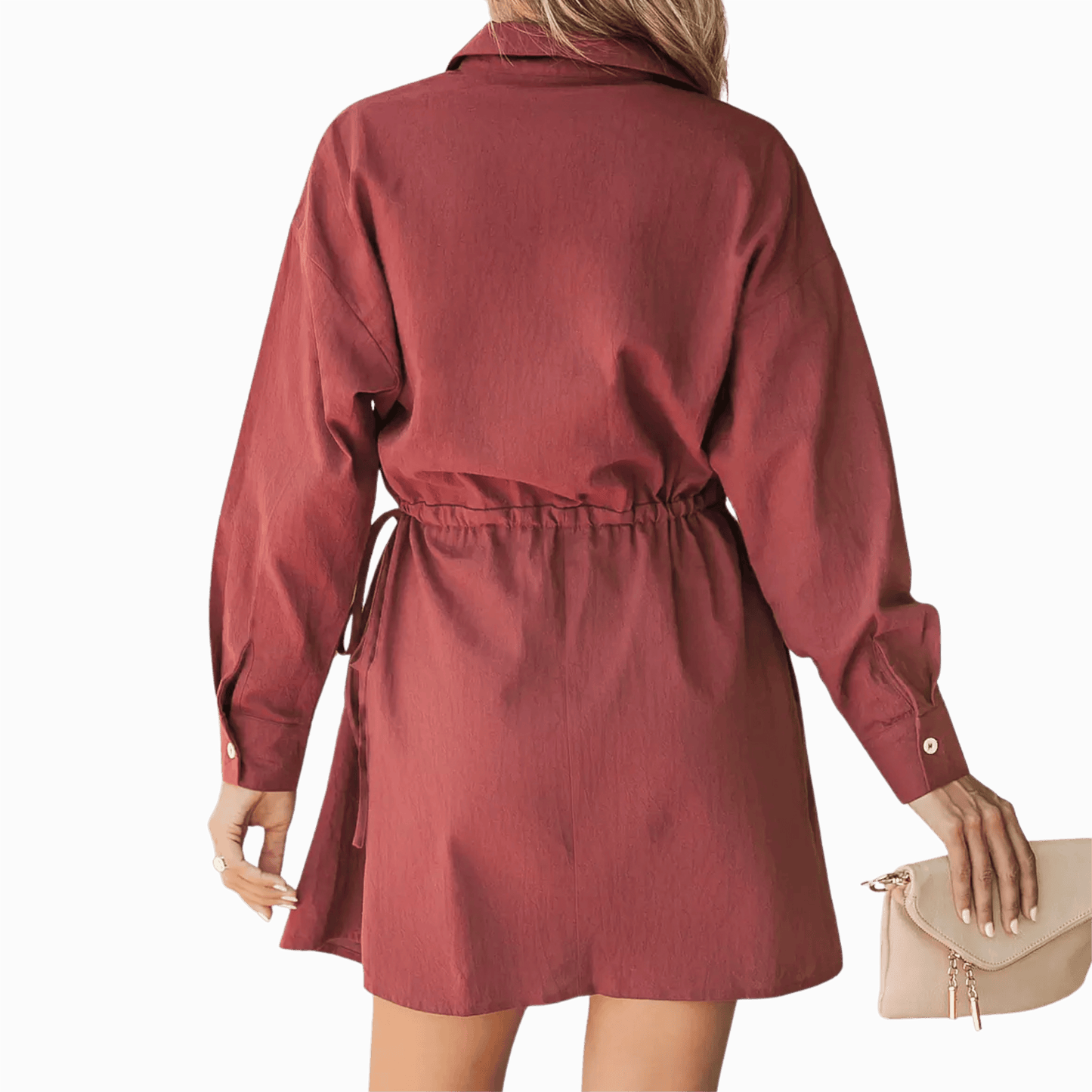 Red dress worn by a person on a gray background