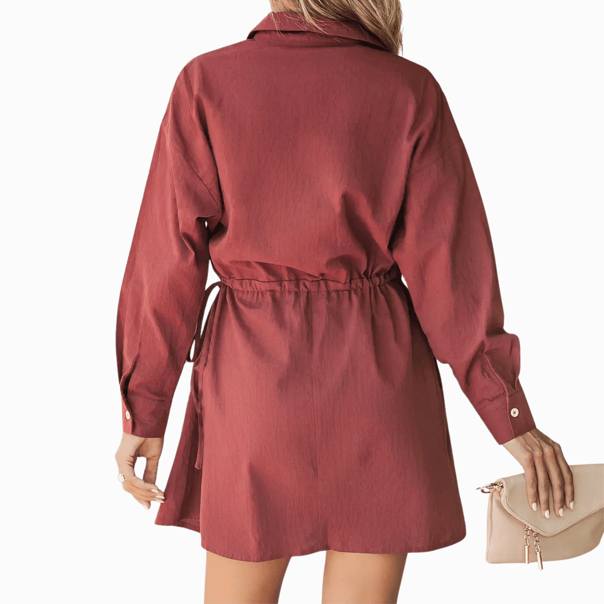 Red dress worn by a person on a gray background