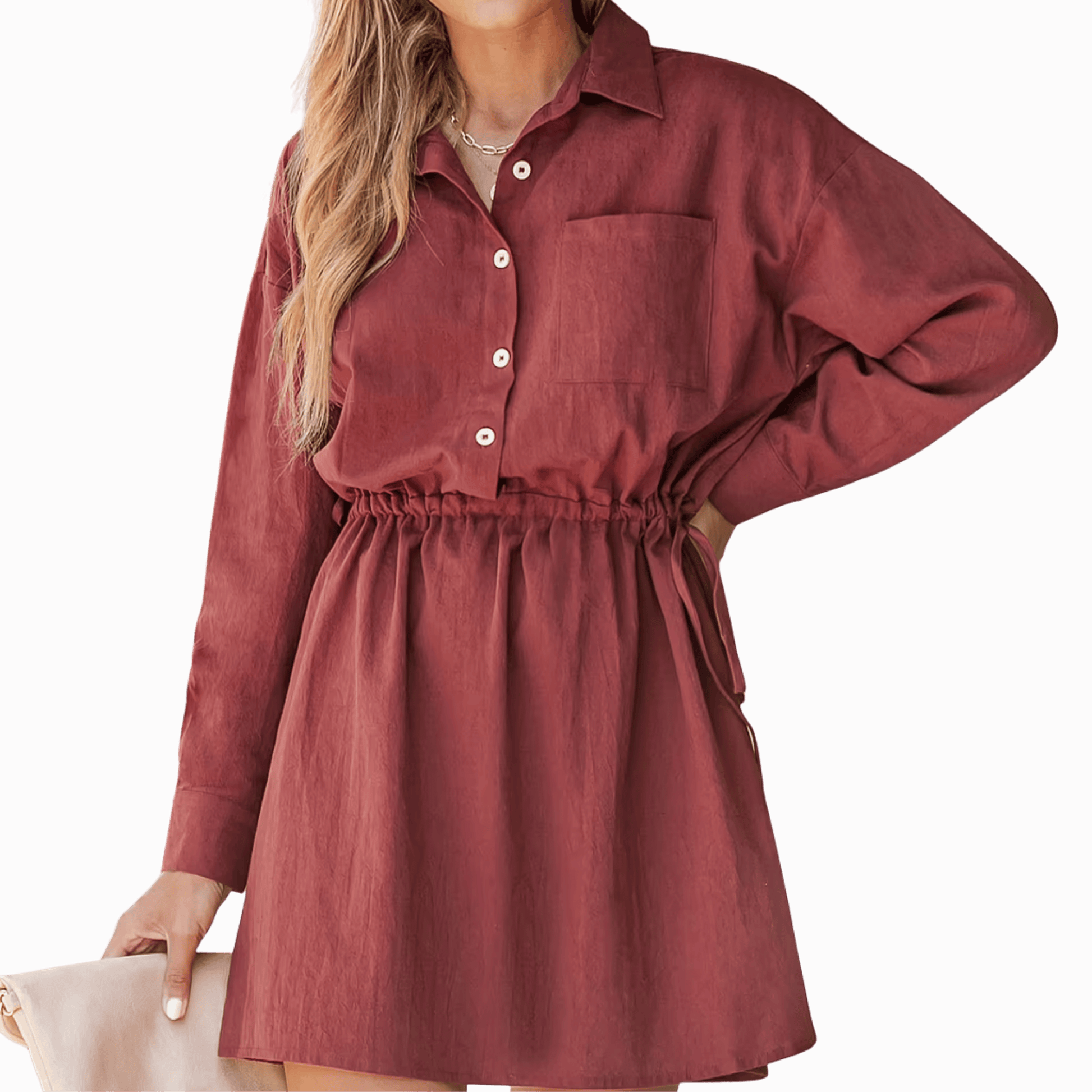 Red dress worn by a person on a dark red background