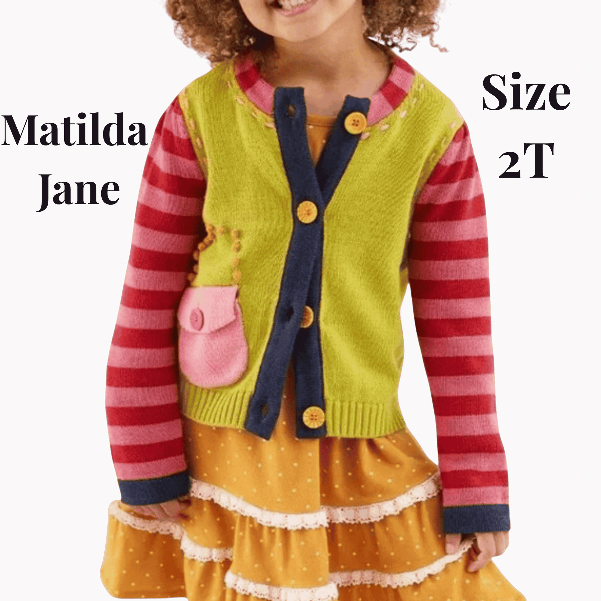 Child wearing a colorful outfit with a vest and striped shirt, branded 'Matilda Jane'.