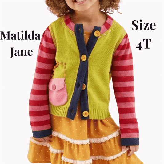 Child wearing a colorful outfit with a vest and striped sleeves, branded 'Matilda Jane'.