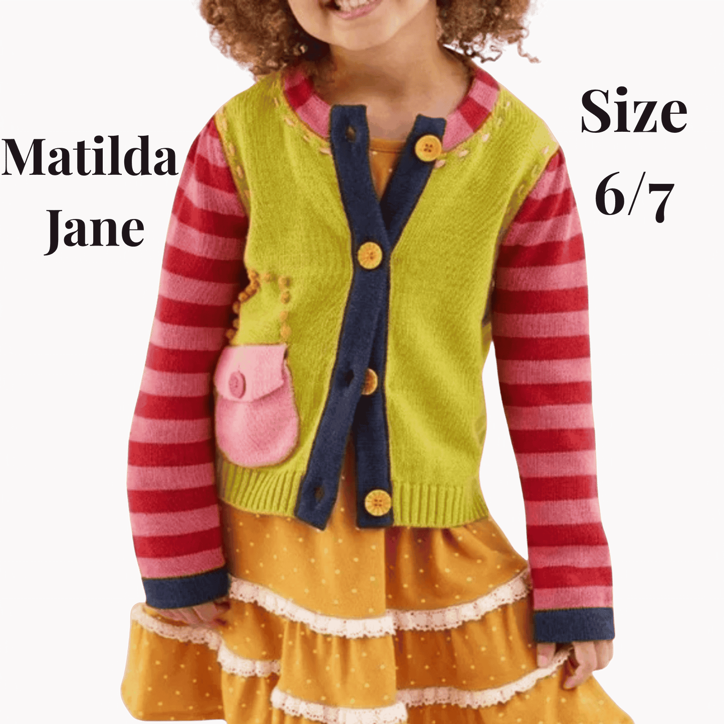 Child wearing a colorful outfit with a vest and striped sleeves, branded 'Matilda Jane'.