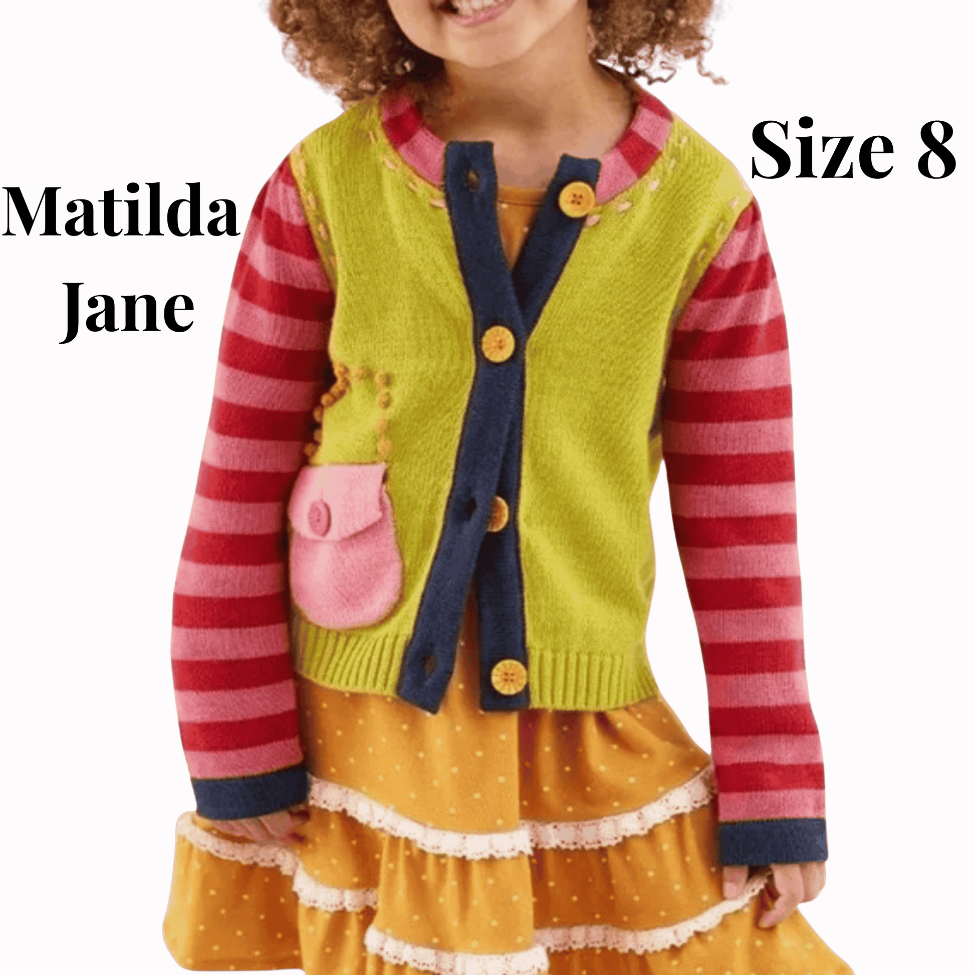 Child wearing a colorful outfit with 'Matilda Jane' branding on a red background