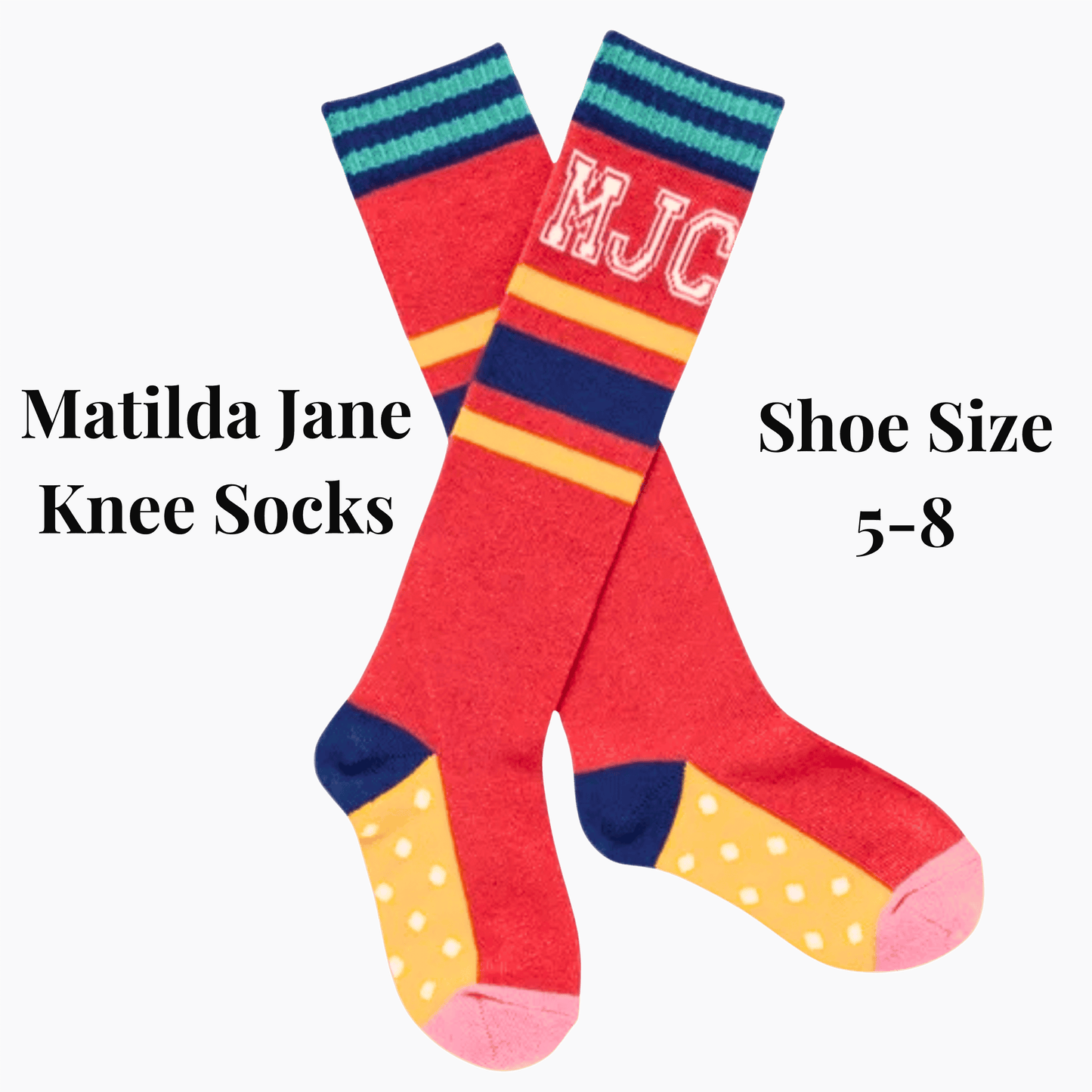 Colorful knee socks with 'MJC' branding on a dark background