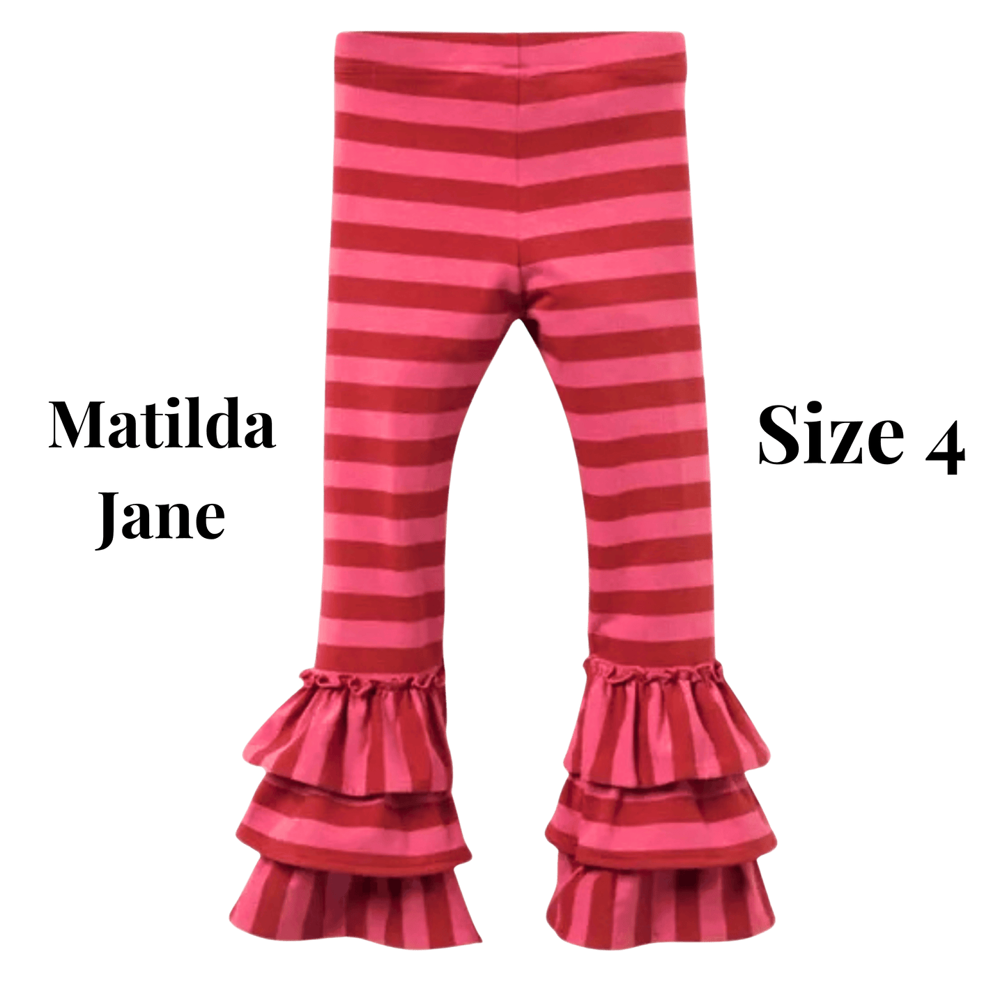 Pink and red striped pants with ruffles at the bottom on a transparent background, featuring the Matilda Jane brand.