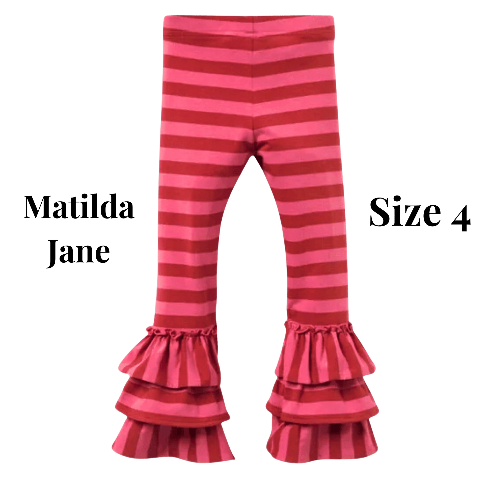 Pink and red striped pants with ruffles at the bottom on a transparent background, featuring the Matilda Jane brand.