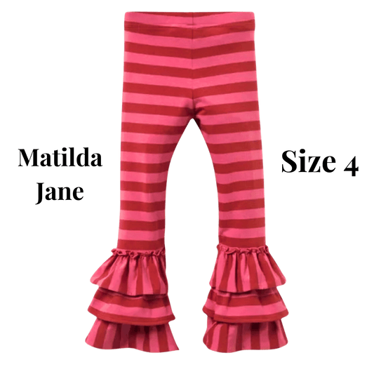 Pink and red striped pants with ruffles at the bottom on a transparent background, featuring the Matilda Jane brand.