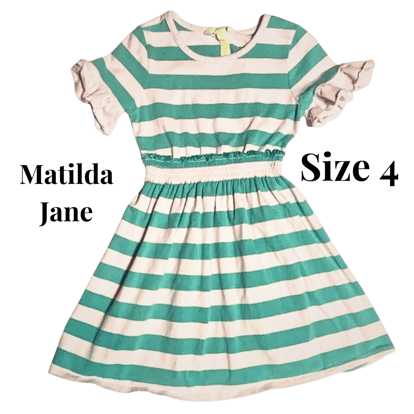 Green and white striped dress with 'Matilda Jane' branding on a green background