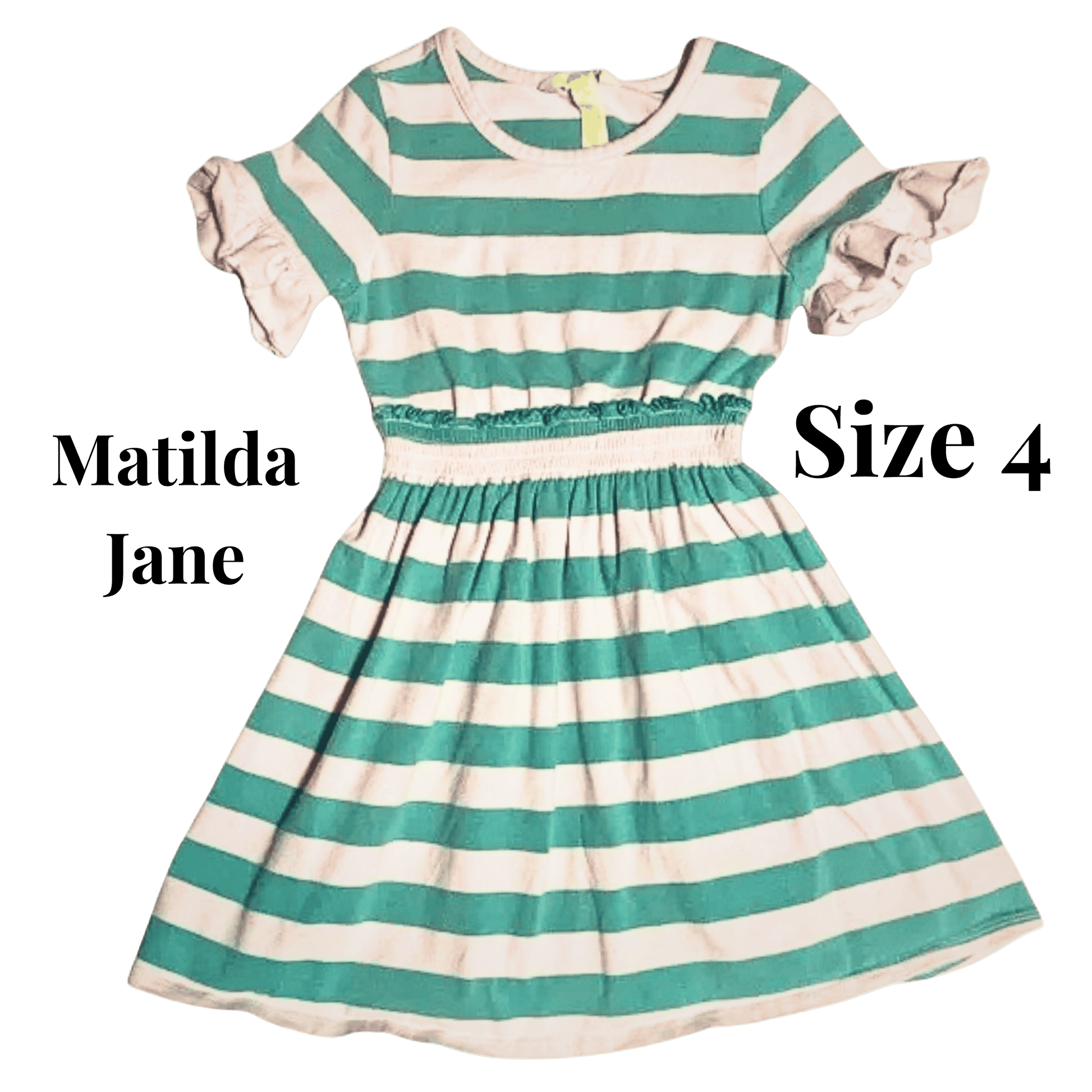 Green and white striped dress with 'Matilda Jane' branding on a green background