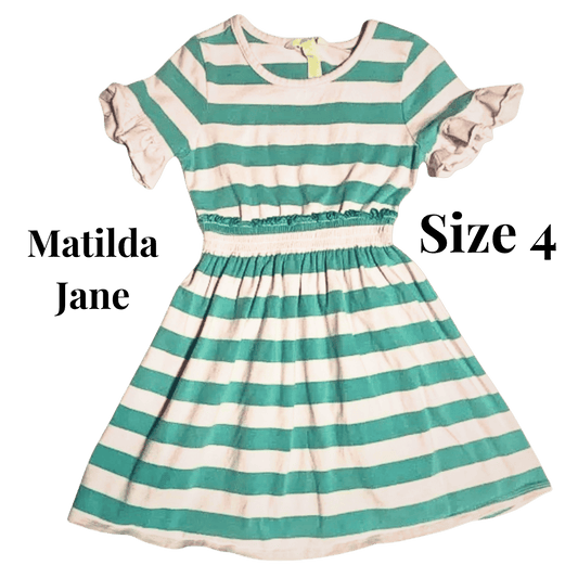 Green and white striped dress with 'Matilda Jane' branding on a green background