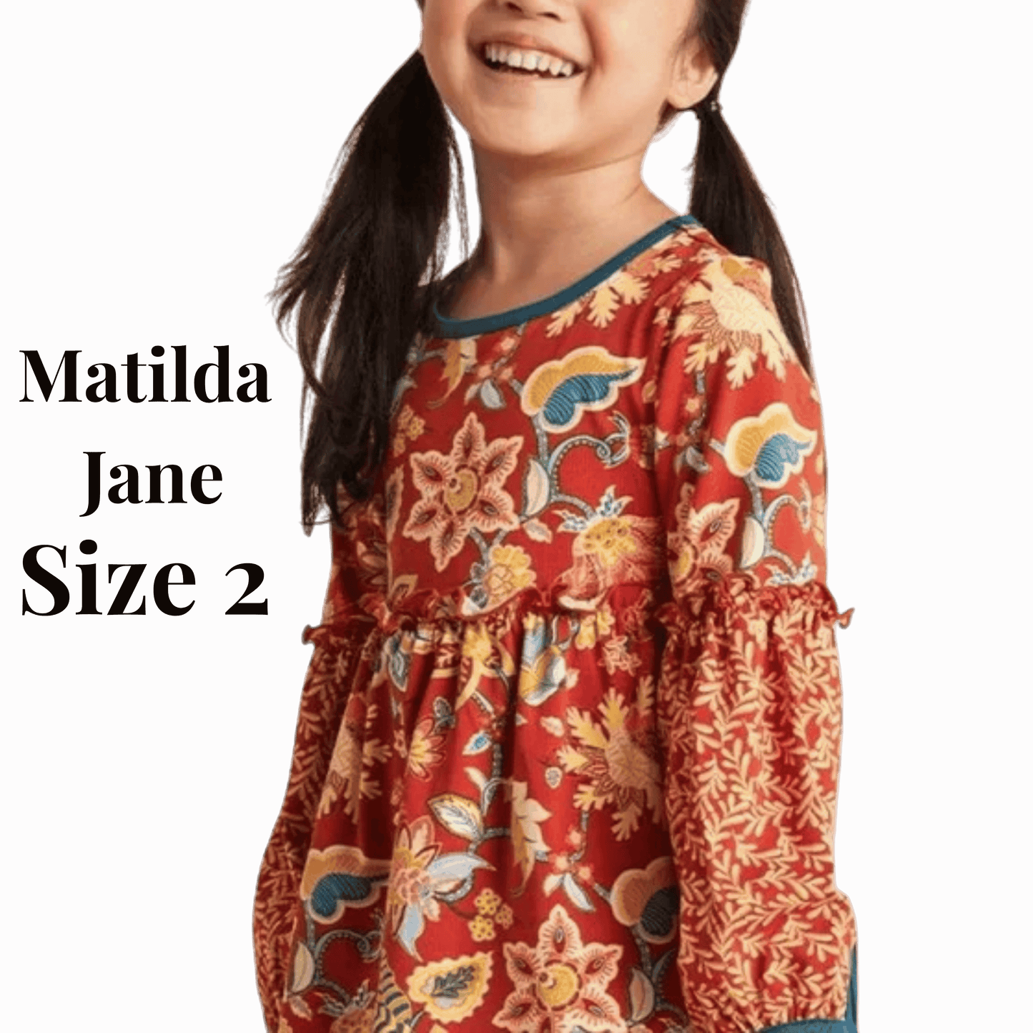 Child wearing a red floral dress with 'Matilda Jane' branding on a red background