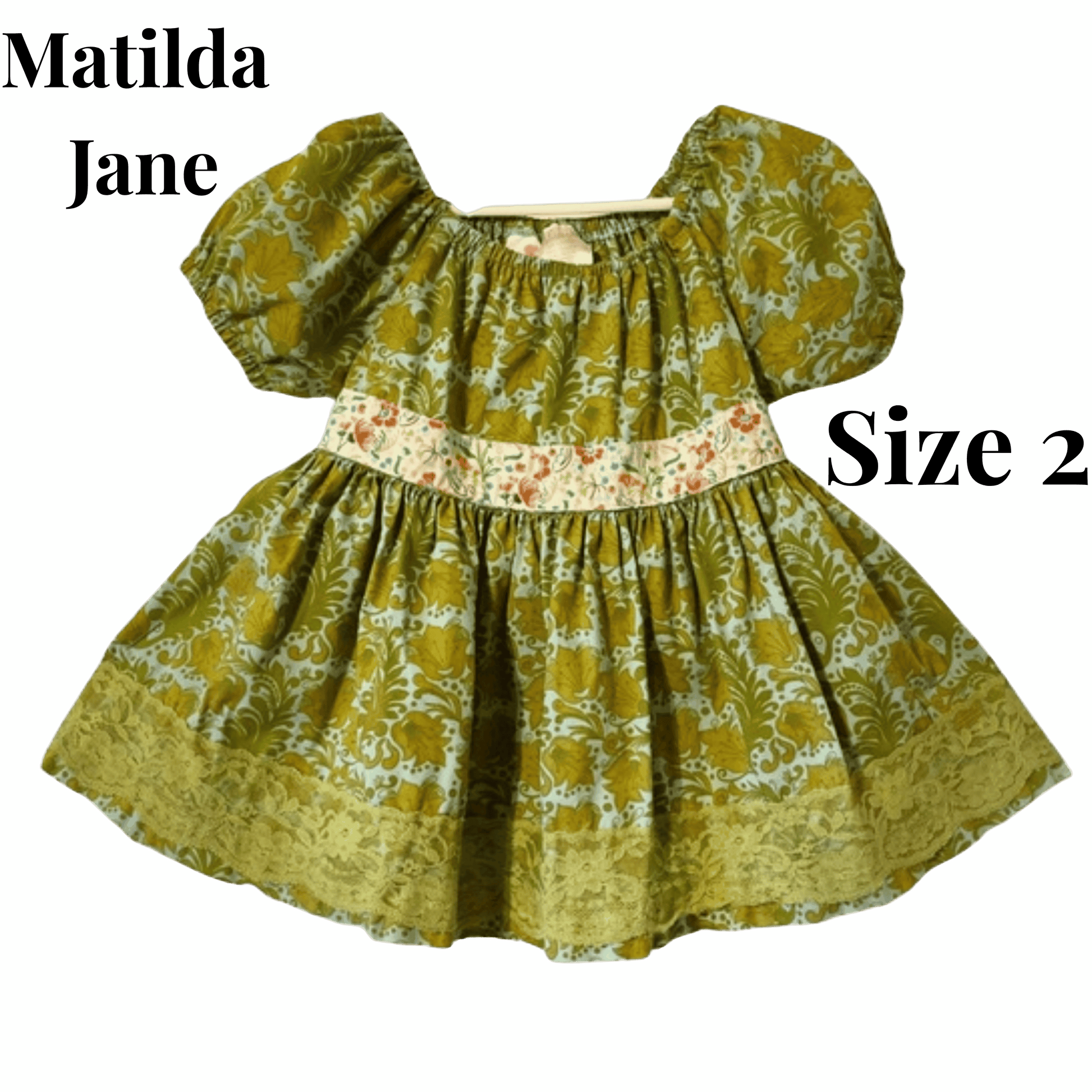 Children's dress with floral pattern on a green background, featuring 'Matilda Jane' brand.
