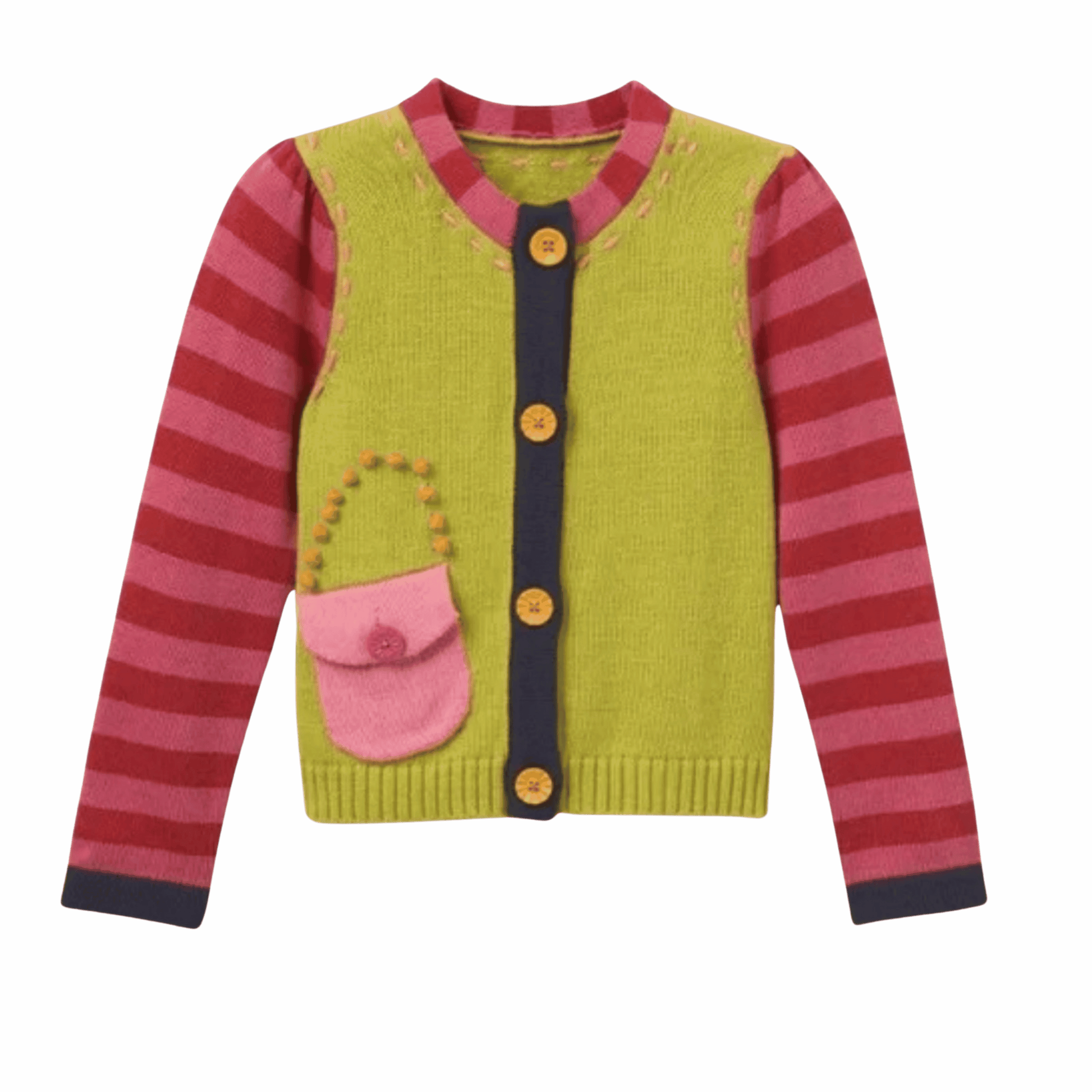 Colorful children's sweater with striped sleeves and a vest on a gray background