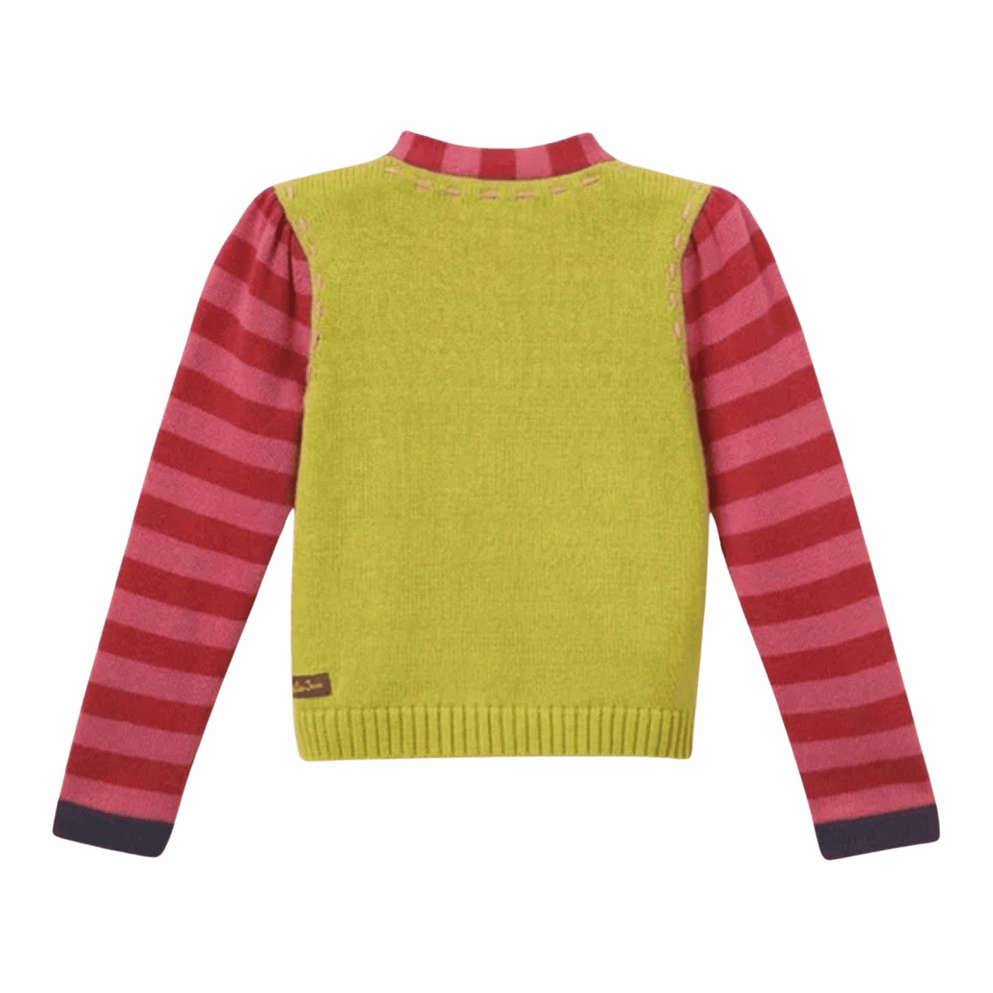 Yellow sweater with red and pink striped sleeves on a gray background