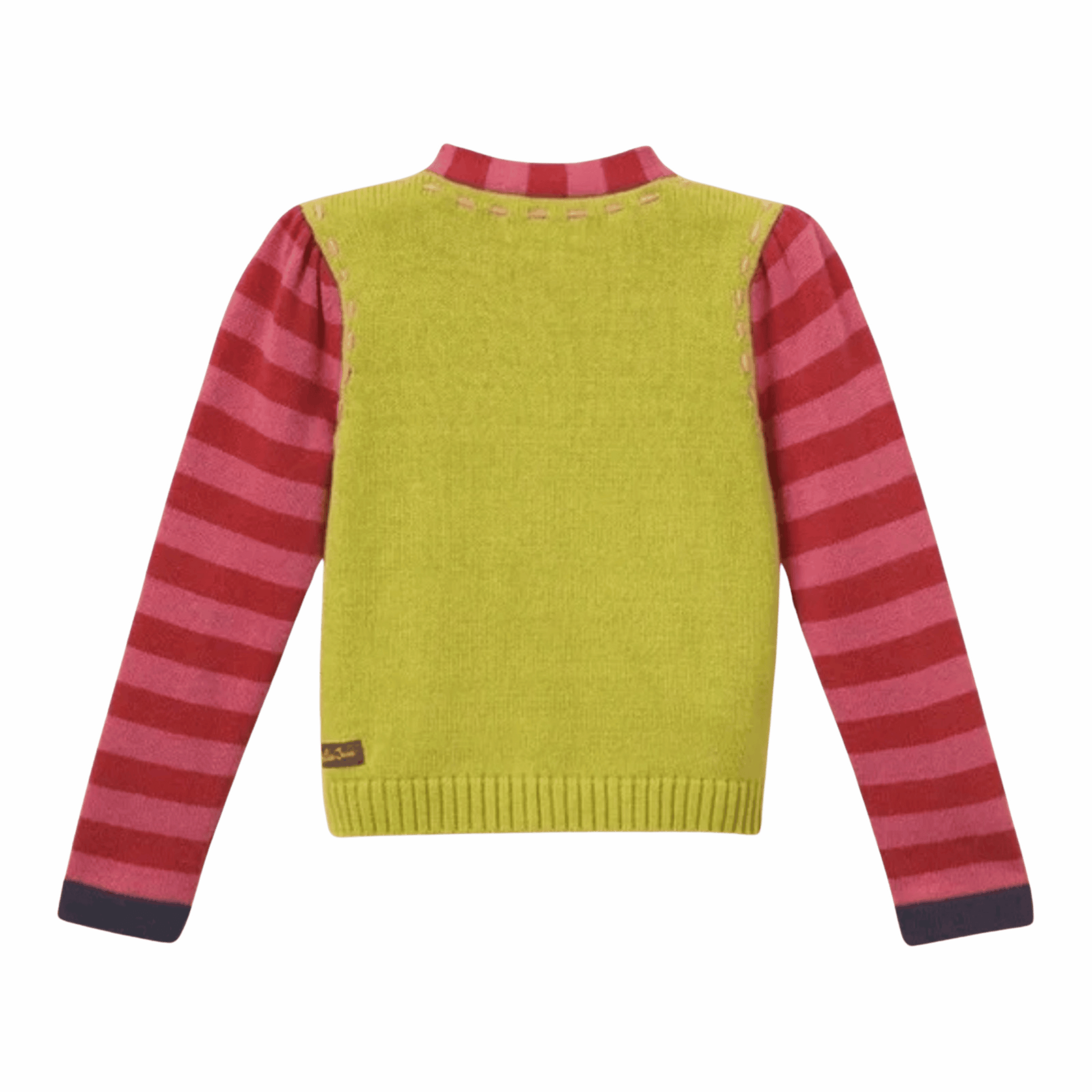 Yellow sweater with red and pink striped sleeves on a gray background