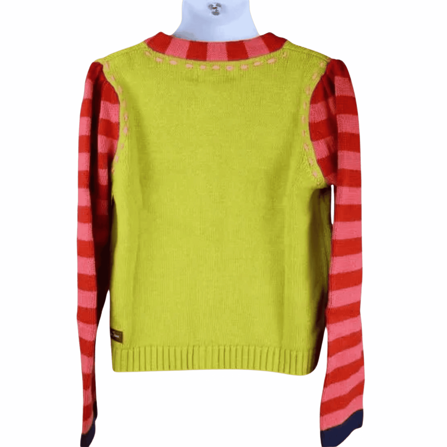 Yellow sweater vest with red and black striped sleeves on a blue background