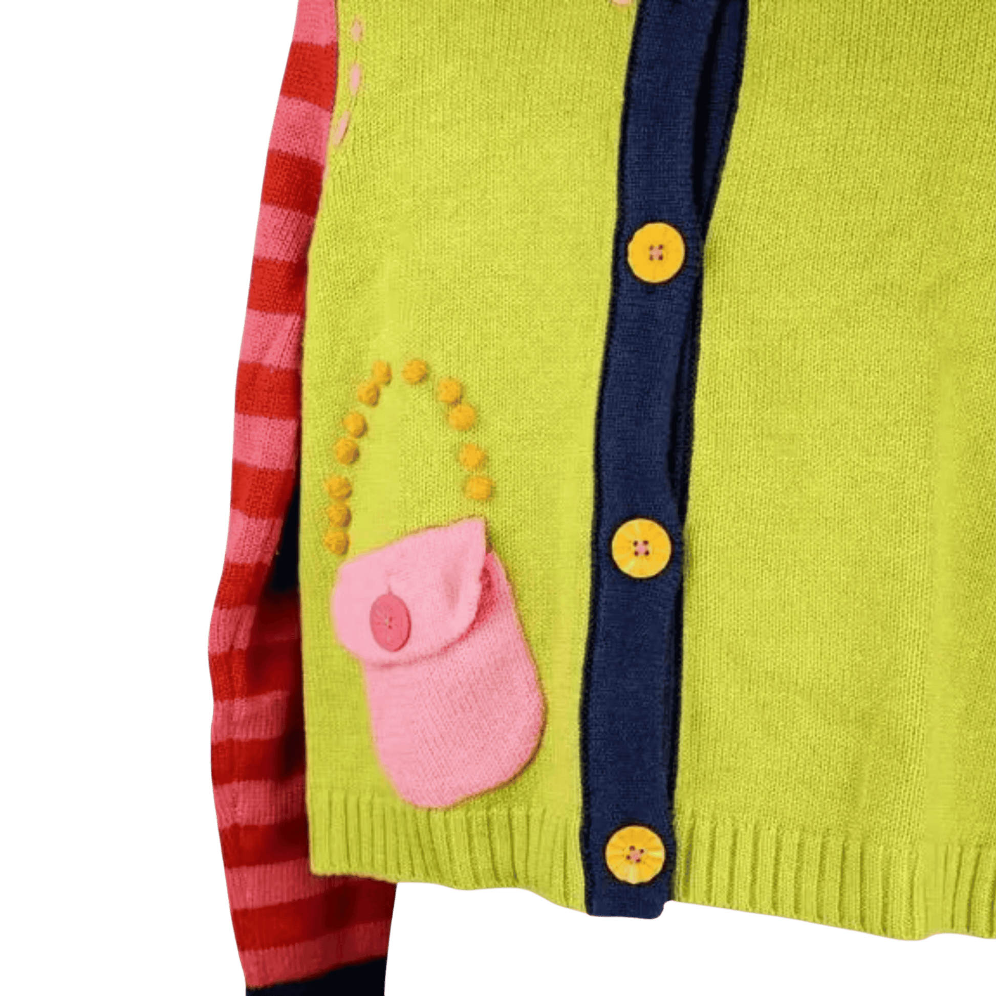 Colorful children's cardigan with pink patch and buttons on a green background