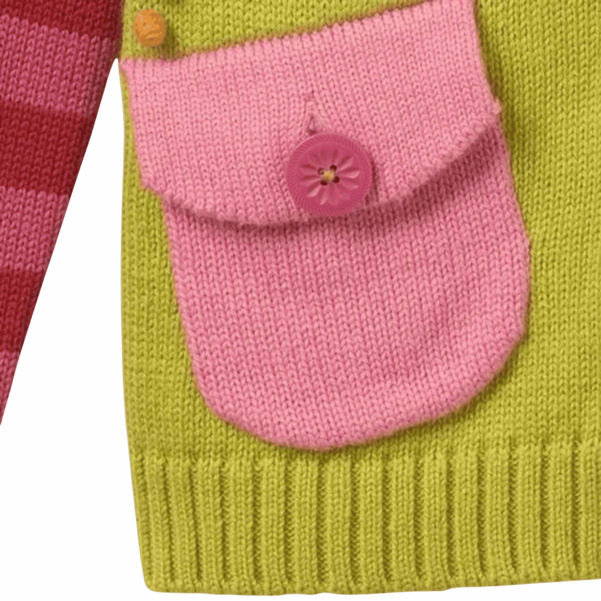 Close-up of a green and pink knitted fabric with a pocket and button.