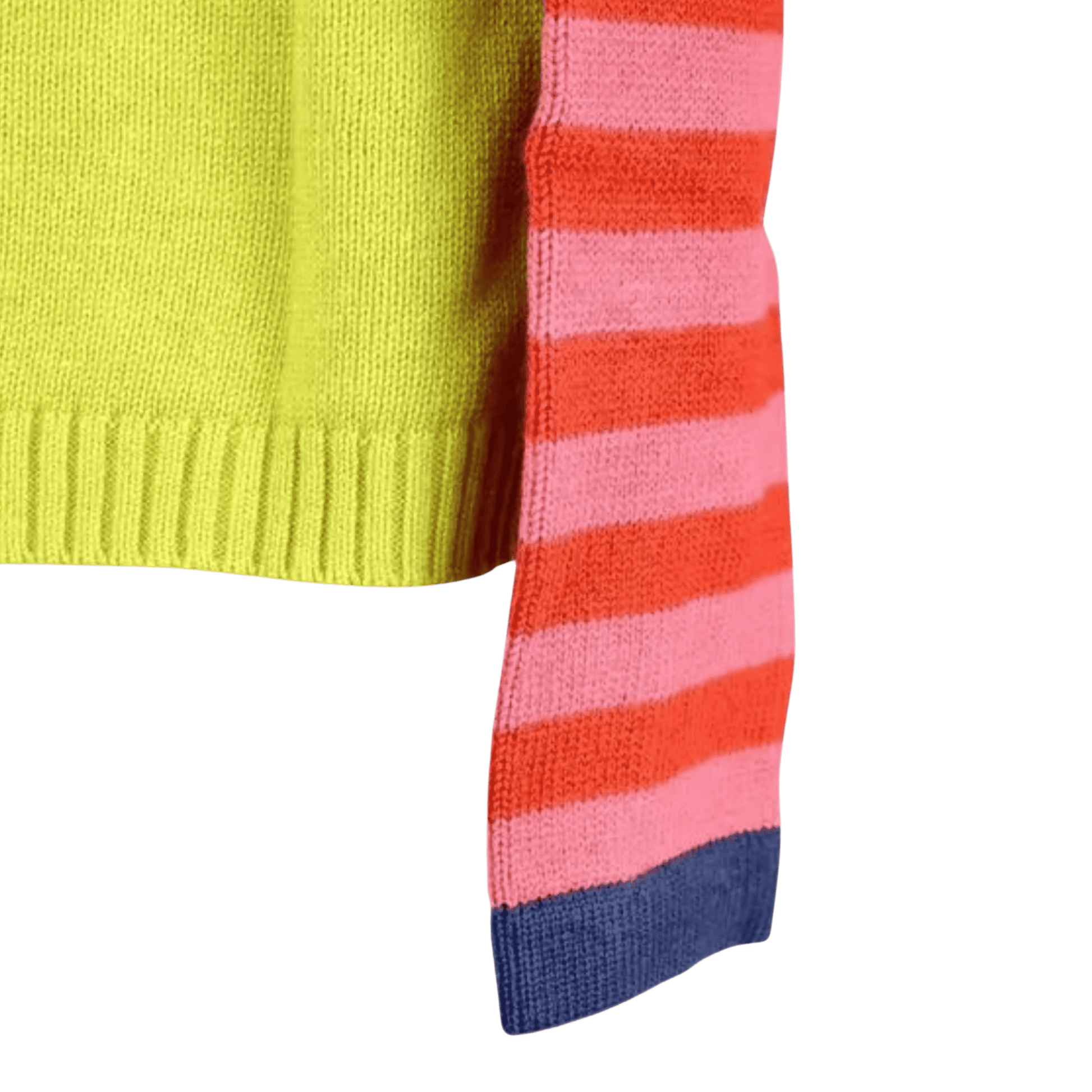 Close-up of a sweater with a yellow body and pink and blue striped sleeve on a green background