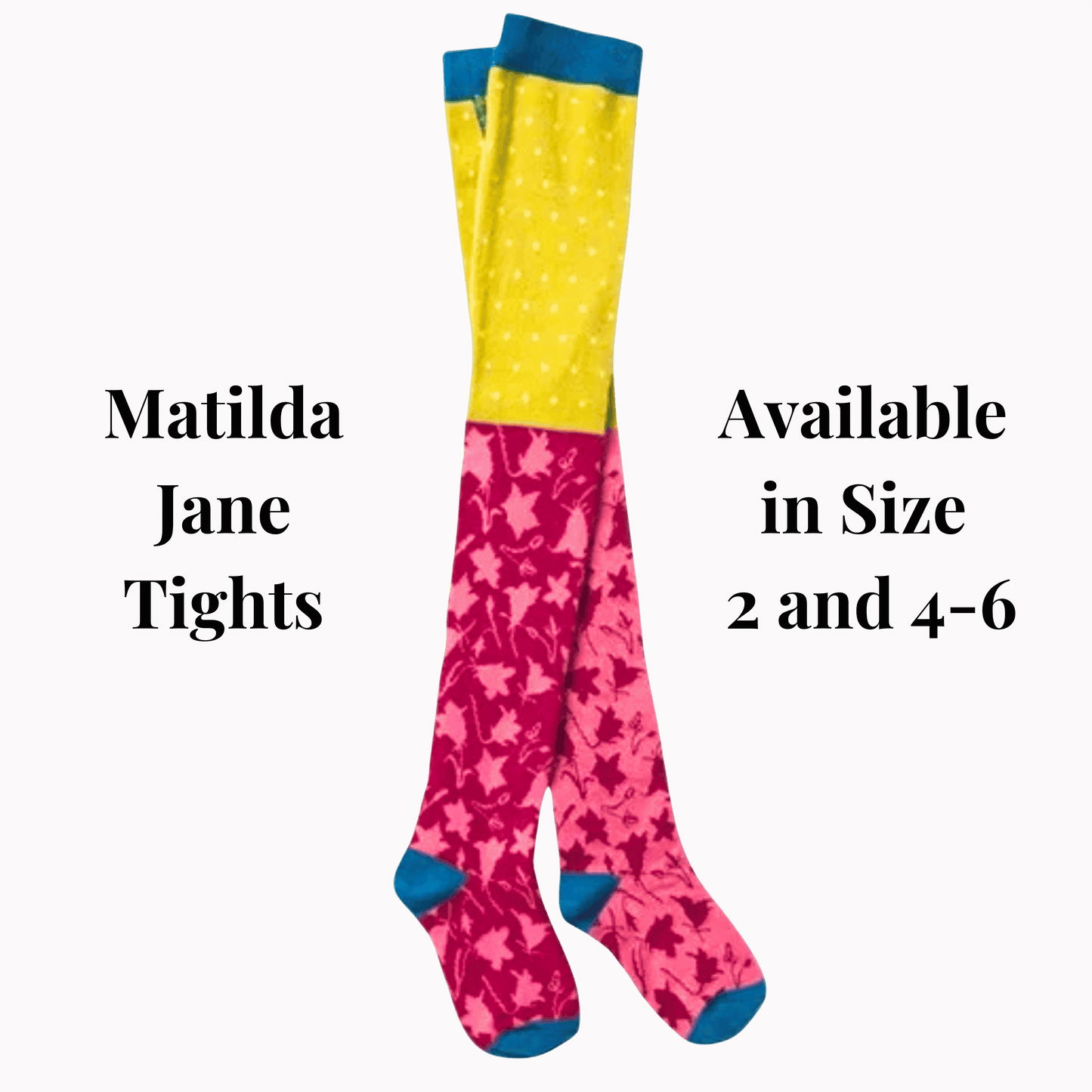 Colorful tights with pink floral pattern and yellow top on a purple background, featuring 'Matilda Jane Tights' branding.