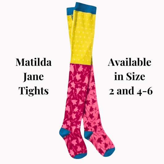 Colorful tights with pink floral pattern and yellow top on a purple background, featuring 'Matilda Jane Tights' branding.