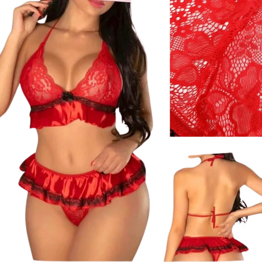 Red lace lingerie set with close-up of lace texture and side view on a white background