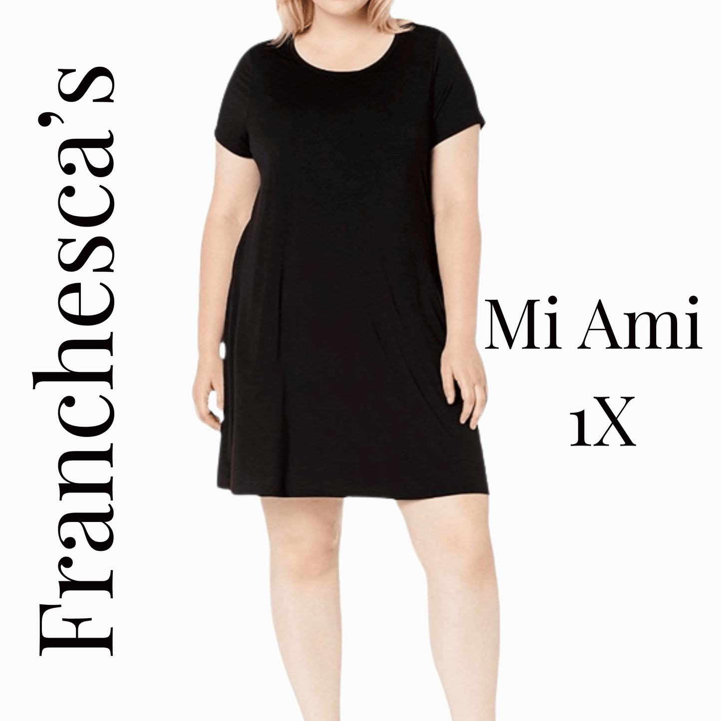 Black dress worn by a model on a dark background with 'Franchesca's' branding.