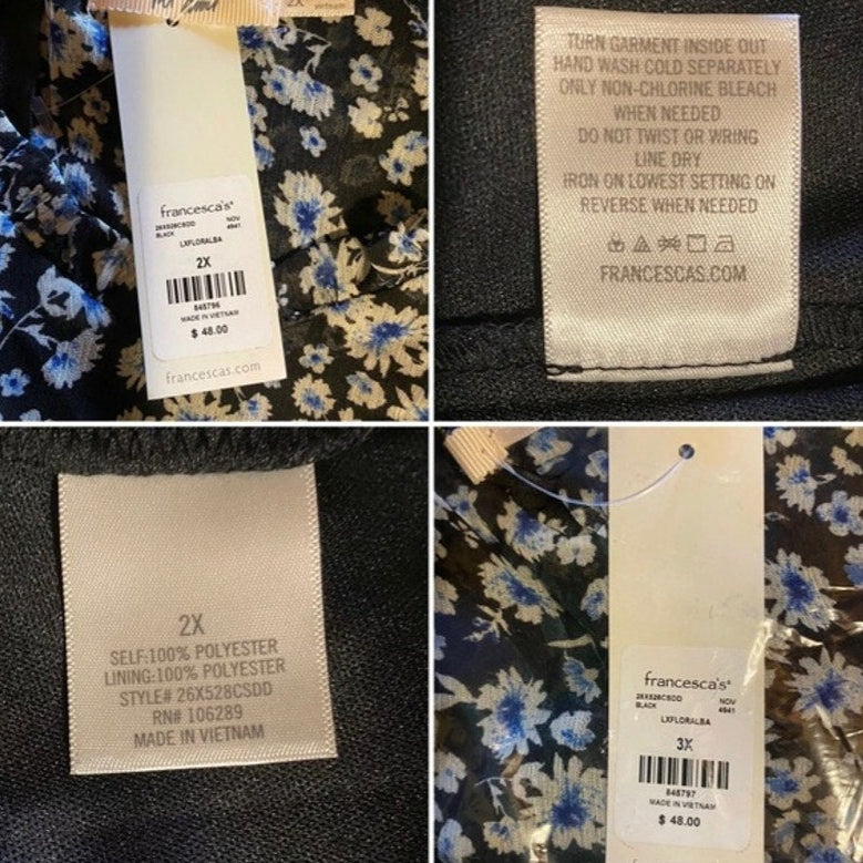 Collage of clothing labels with floral pattern and text details.