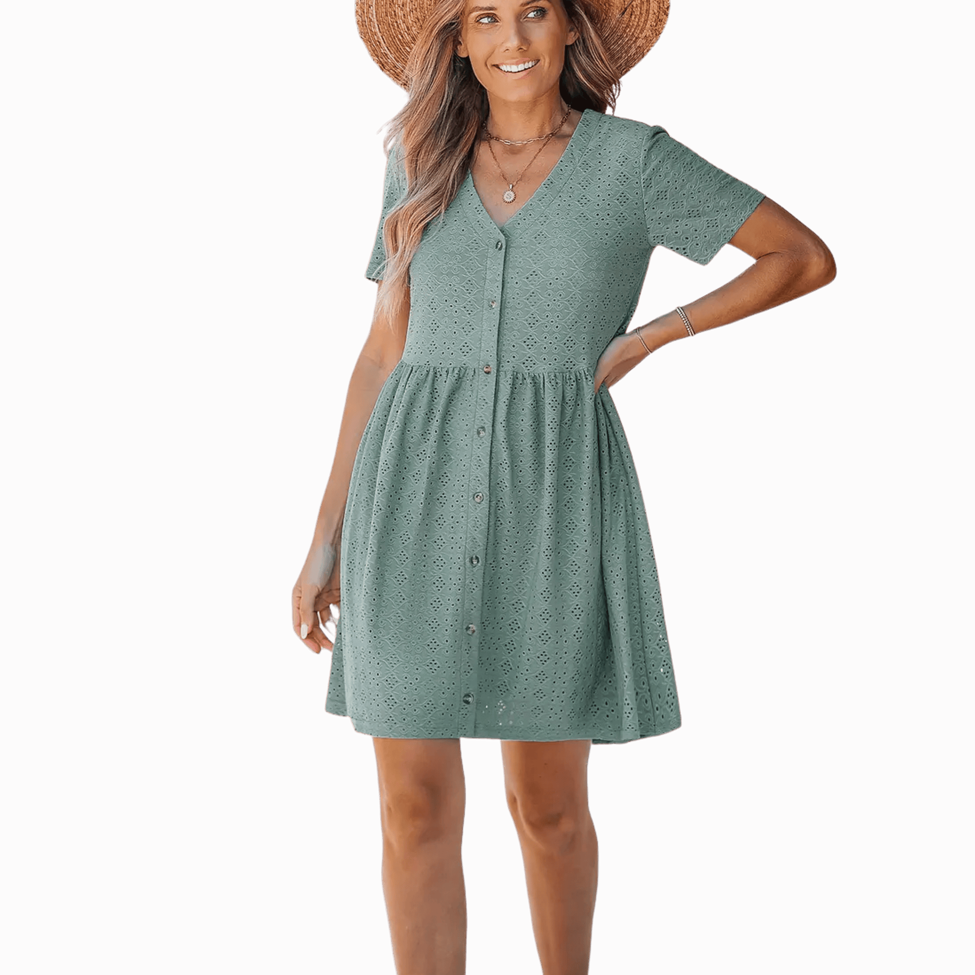 Woman wearing a green dress with a brown background