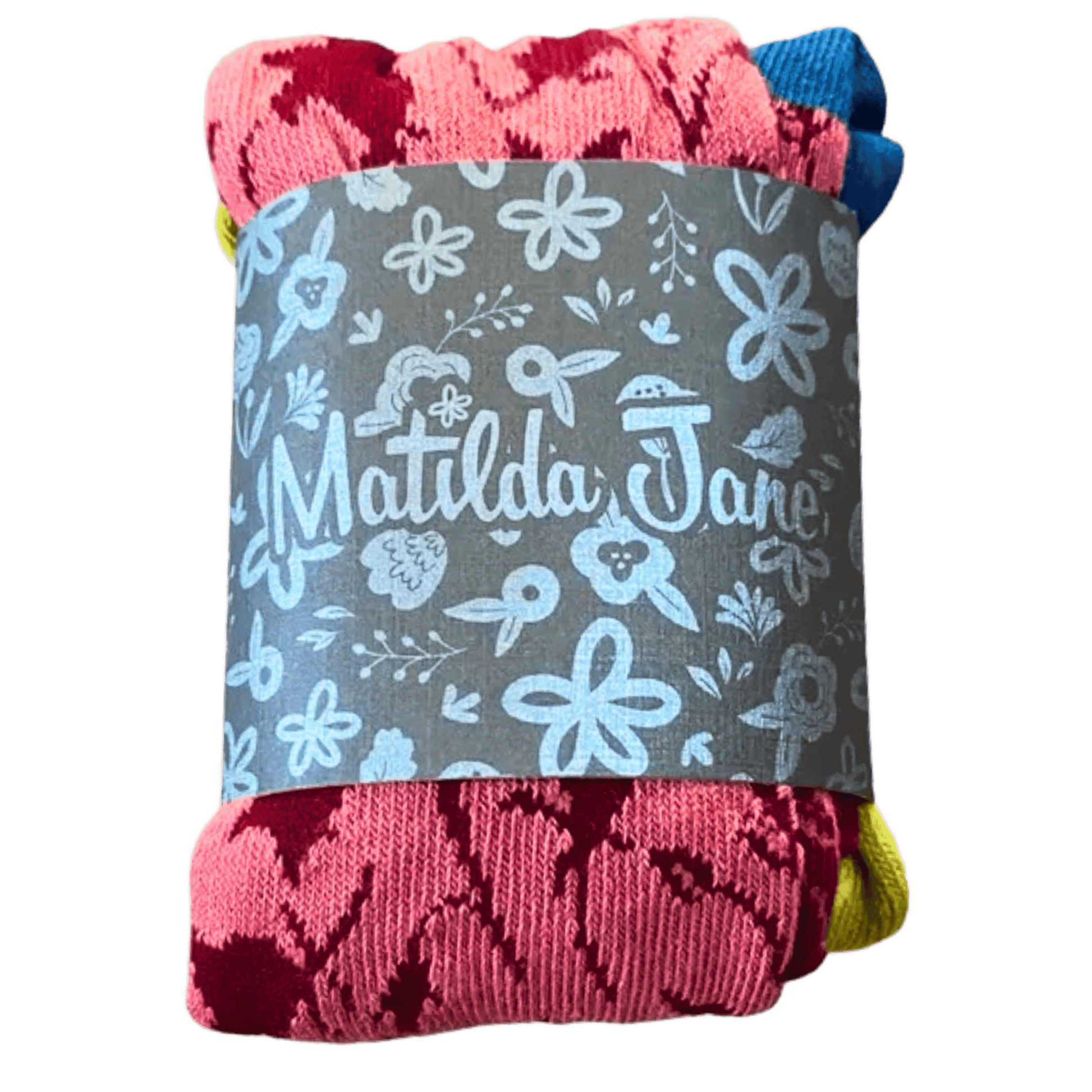 Folded pink and blue socks with a gray patch featuring 'Matilda Jane' branding on a transparent background.